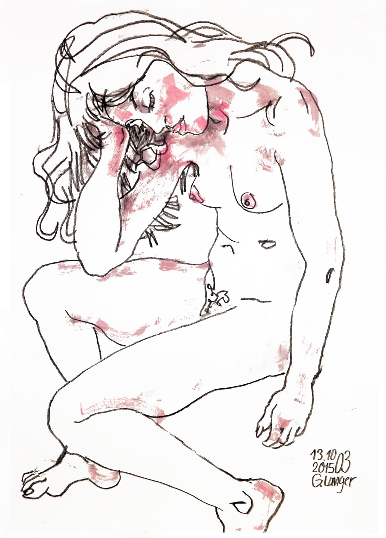 Gunter Langer, sitzender weiblicher Akt mit aufgestütztem Kopf, Ruhende, 2015, Algraphie (Druckgrafik), Büttenpapier, 52 x 38 cm